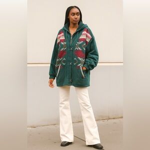 Vintage 70’s Women’s Green Suede Southwest Aztec Mid Thigh Hooded Jacket Size M